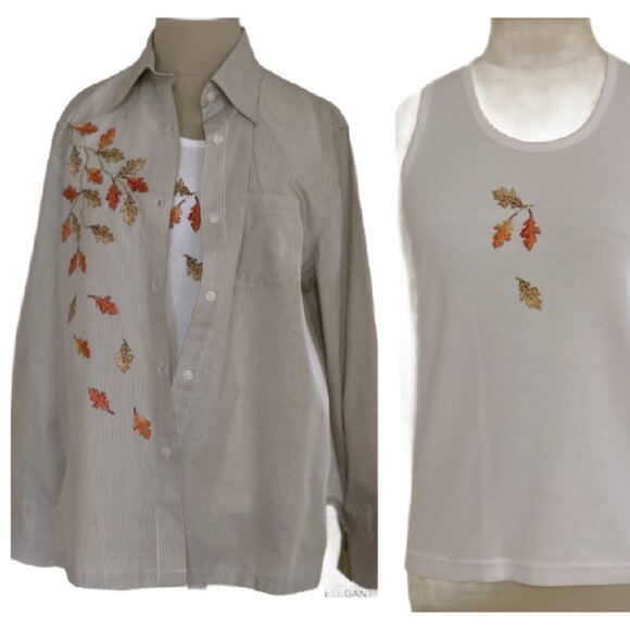 Tia Womens Brown Button-Up Shirt White Tank 2-pc Set FALL Leaves beaded - Picture 1 of 13